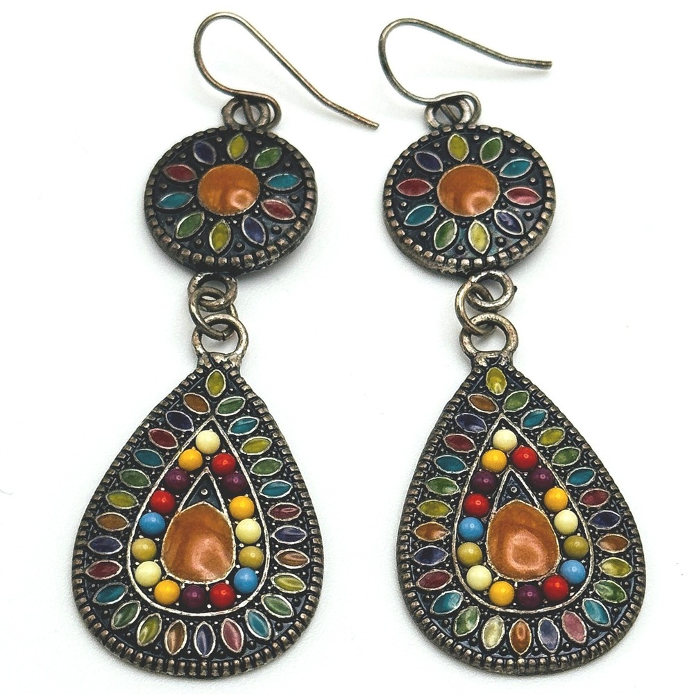 Boho Multicolor Enamel Teardrop Dangle‎ Earrings Artisan Festival Statement Gift